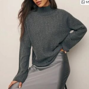 Reformation Garrett Cashmere Cable Oversized Turtleneck Charcoal Grey